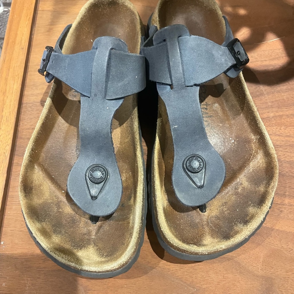 Blue and Brown Sandals with Toe-Post Design and Molded Footbed
